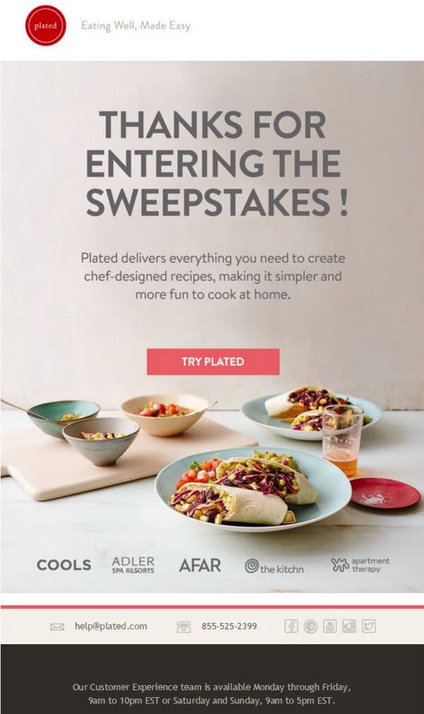 Plated giveaway thank you email